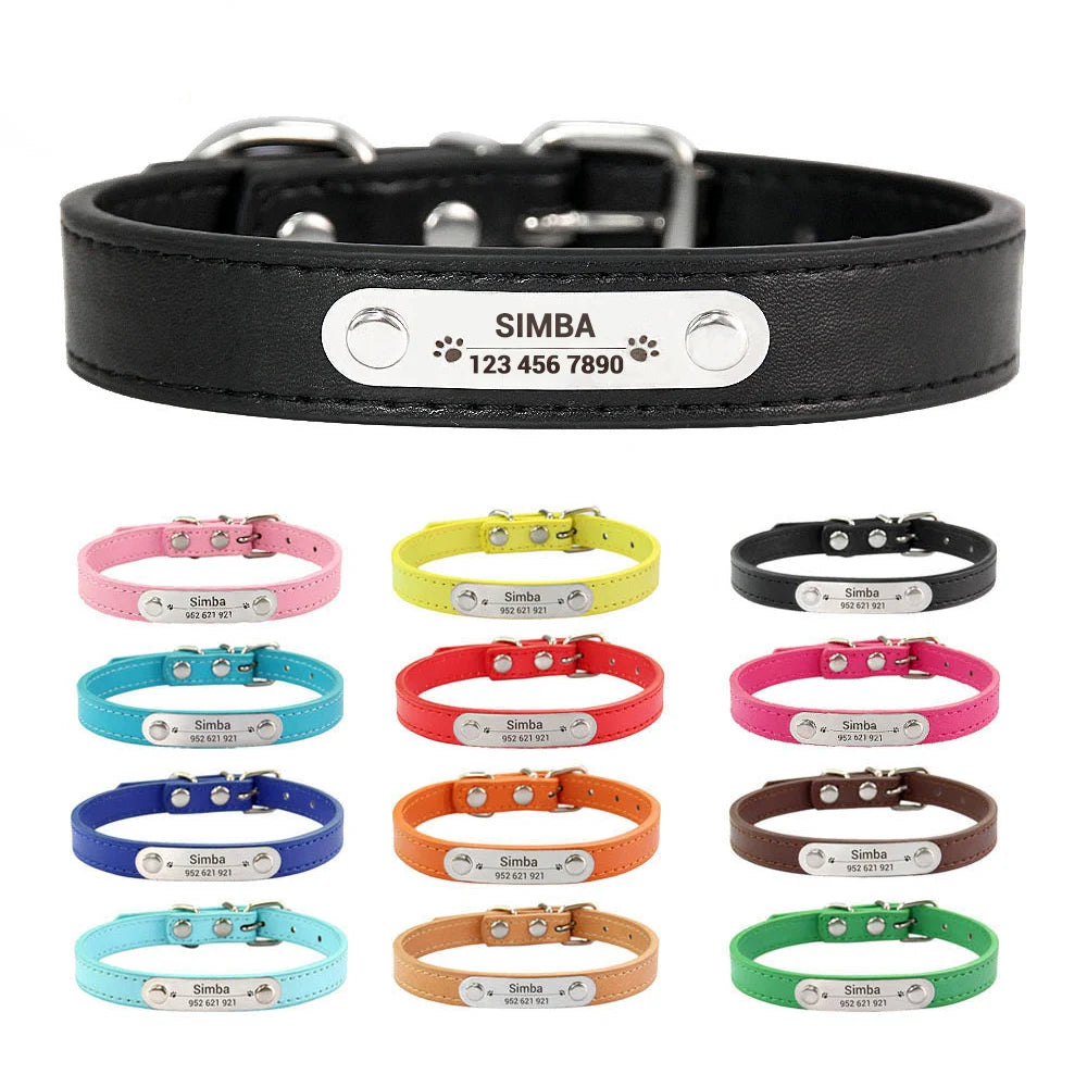 Personalised PU Leather Pet Collar with Name Tag